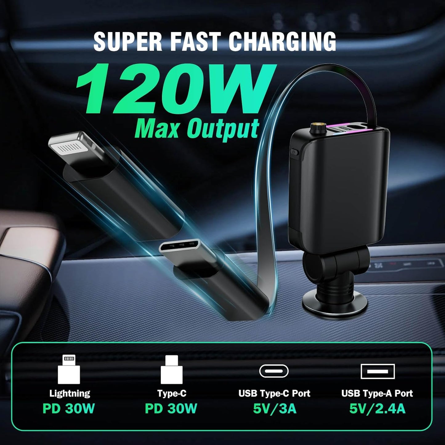 Chargeur Voiture Rétractable 4-en-1 120W