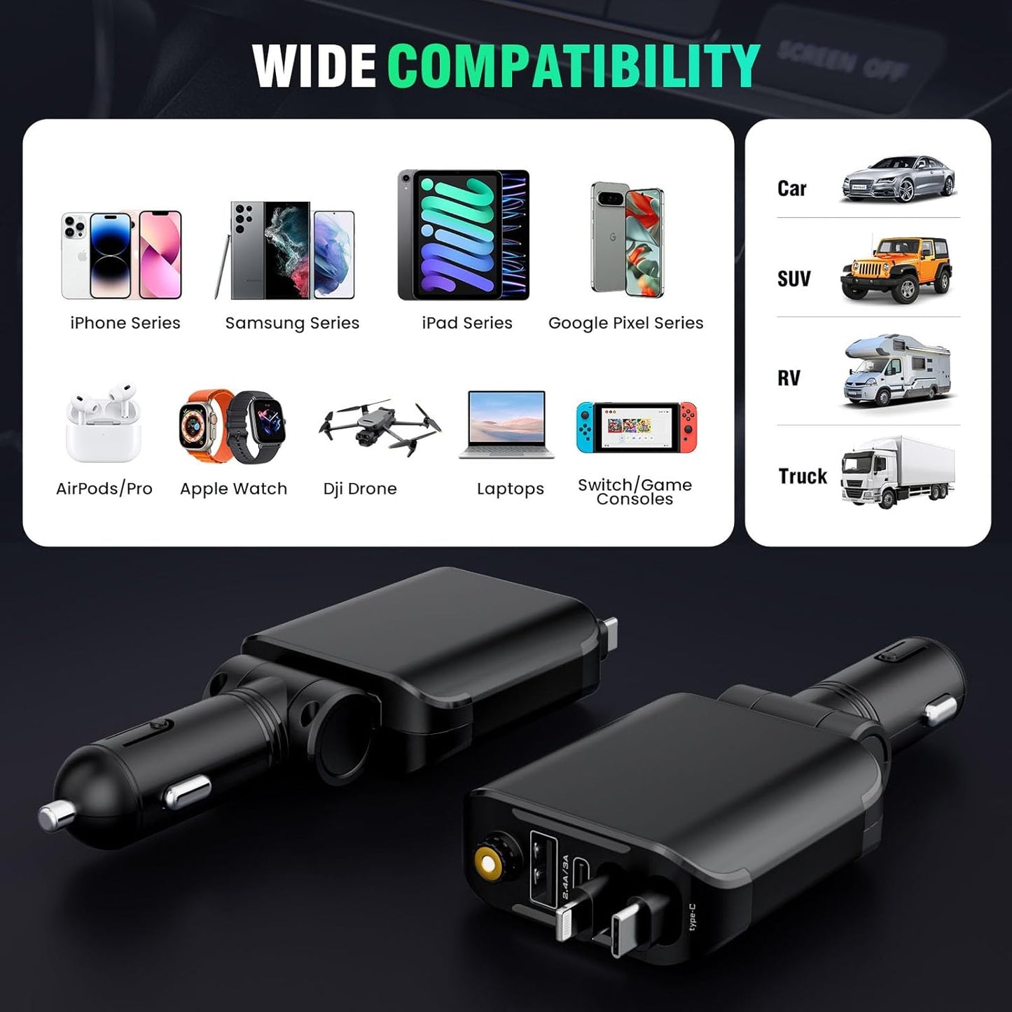 Chargeur Voiture Rétractable 4-en-1 120W